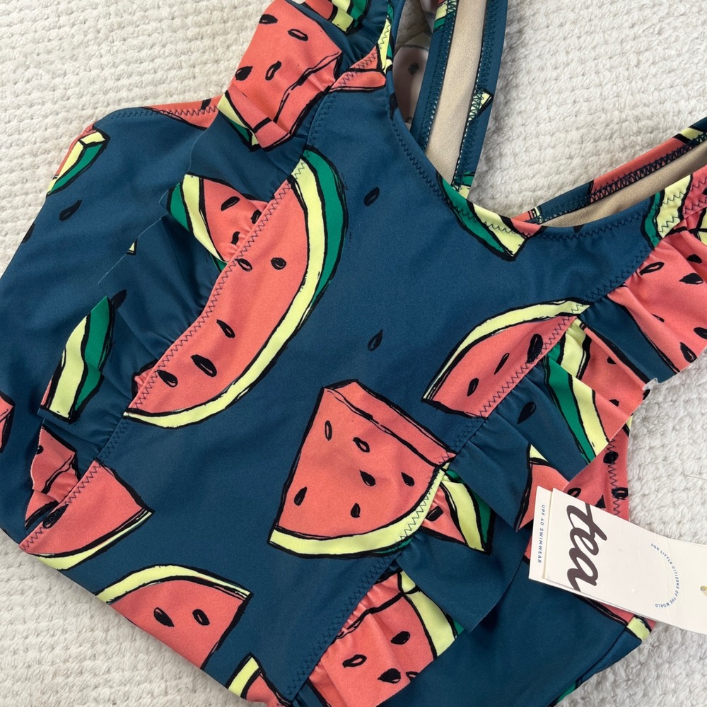 Tea Collection Watermelon Ruffle One Piece Swimsuit UPF 40 Teal Pink Size 10